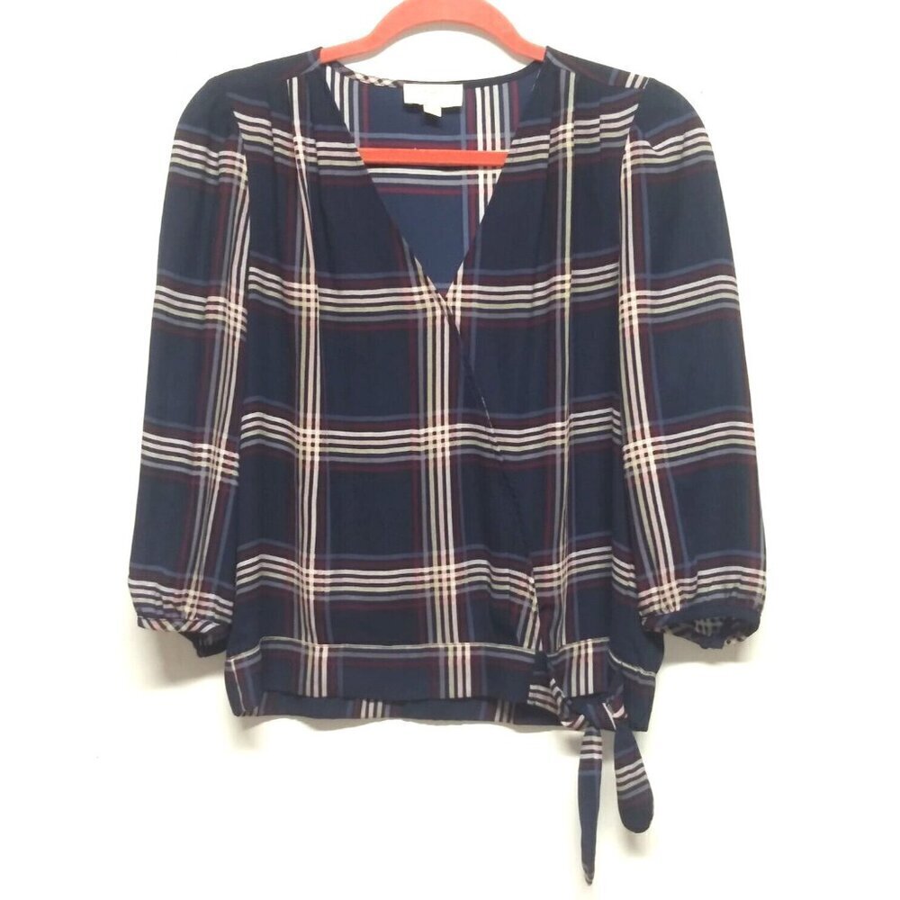 Loft Blouse Top Size S/P Faux Wrap, side bow Blue red Plaid Nova Check 3/4 Sleev